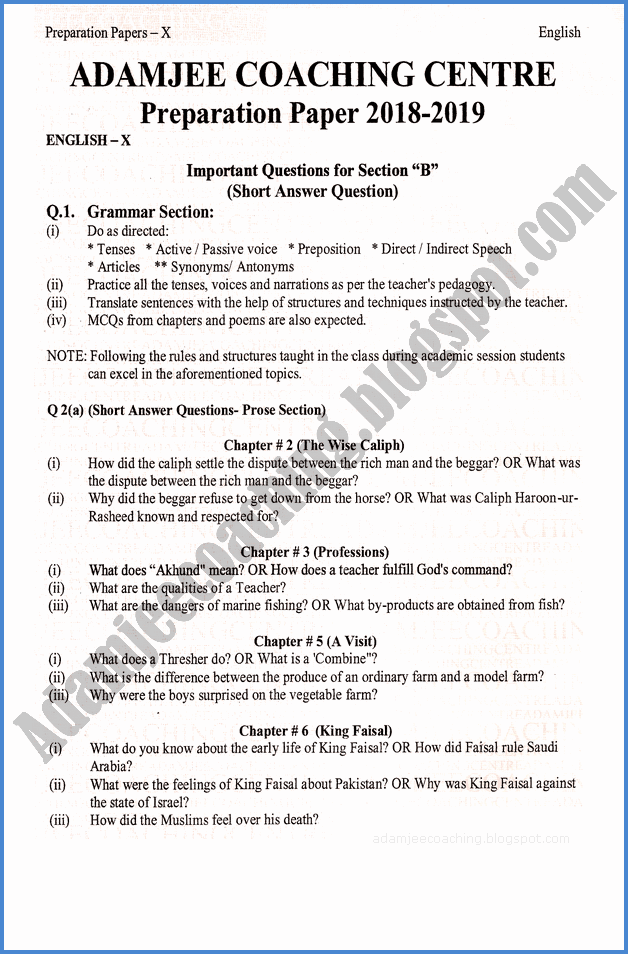 Matric Class English Guess Paper